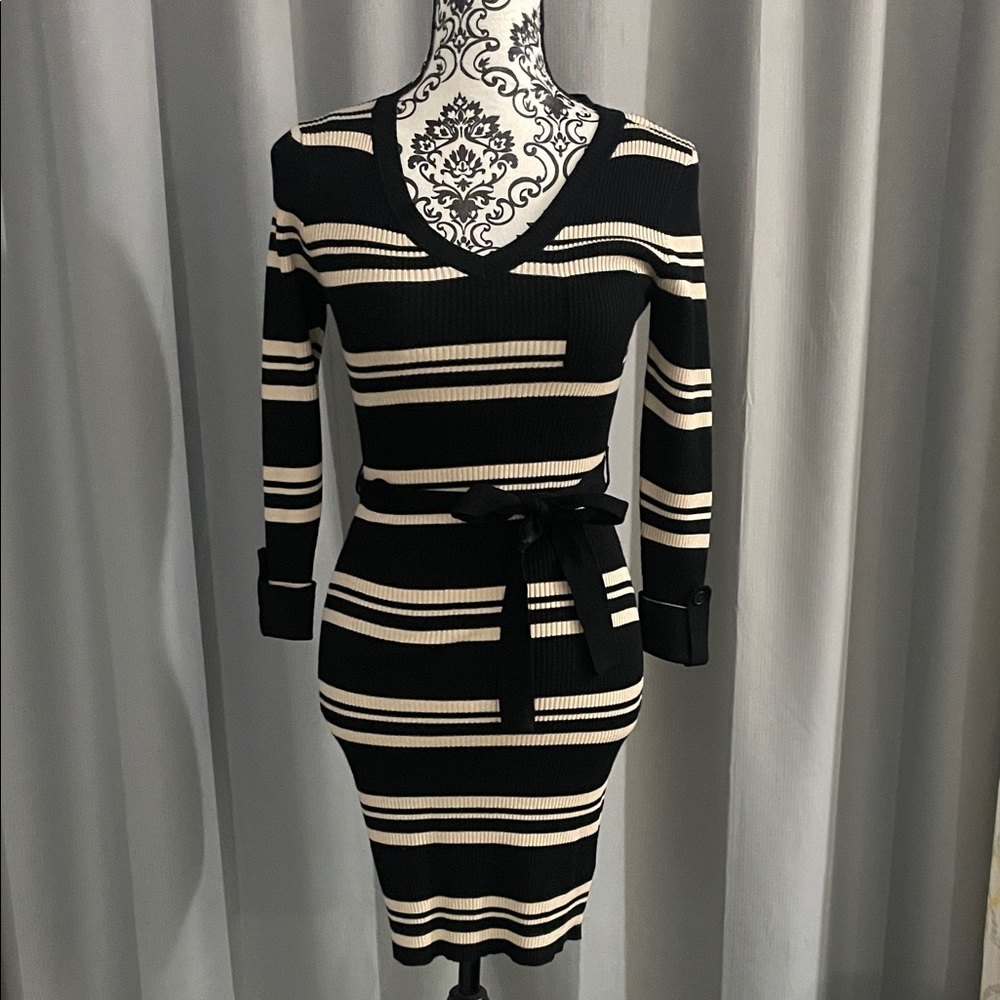 Pink Rose Black and Cream Striped Long Sleeve Dress